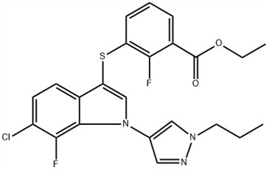 벤조산, 3-[[6-클로로-7-플루오로-1-(1-프로필-1H-피라졸-4-일){ {8}}H-인돌-3-일]티오]-2-플루오로-, 에틸 에스테르(ACI) CAS 번호: 1782070-73-8